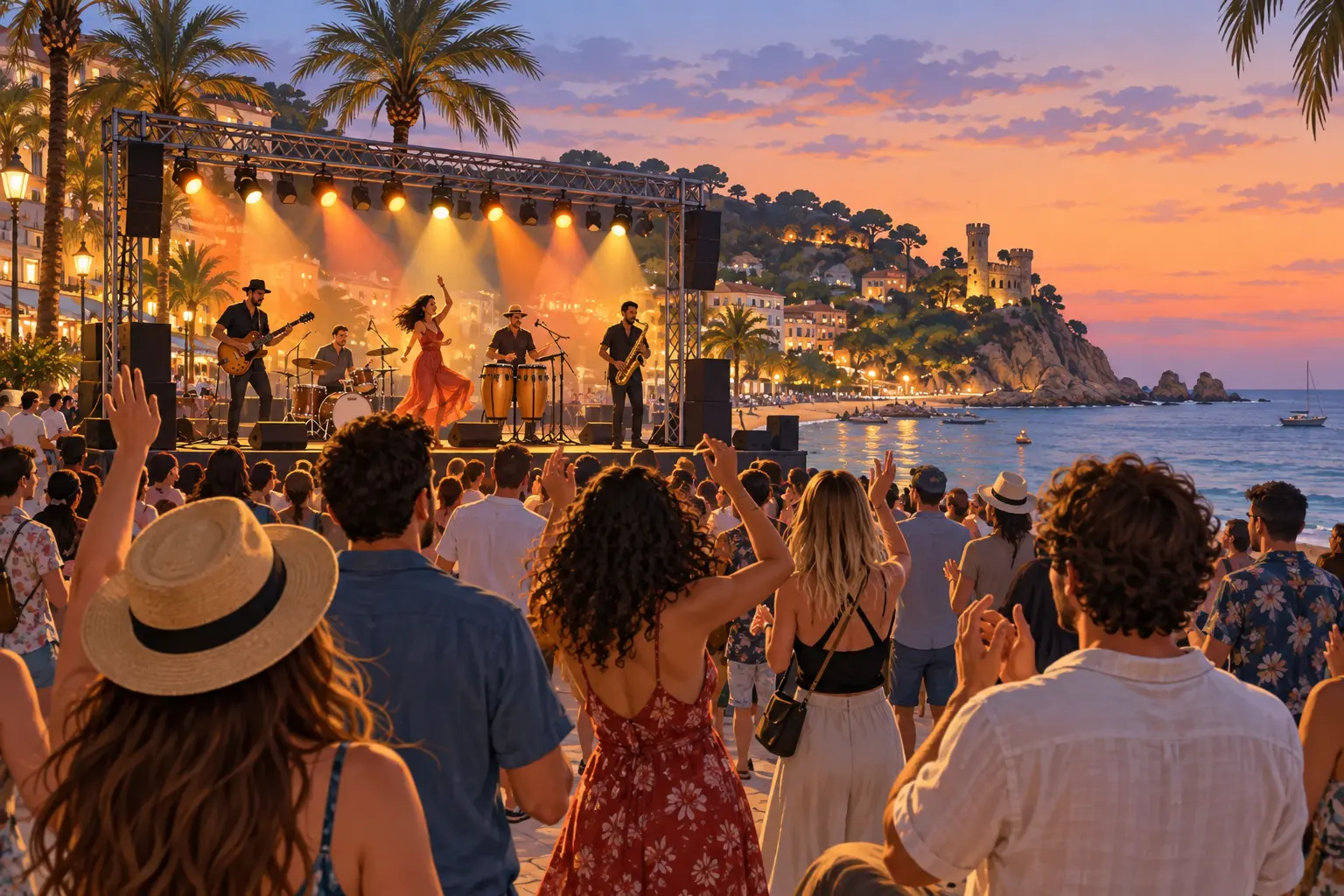Ilustración de un concierto al aire libre junto al Mediterráneo al atardecer