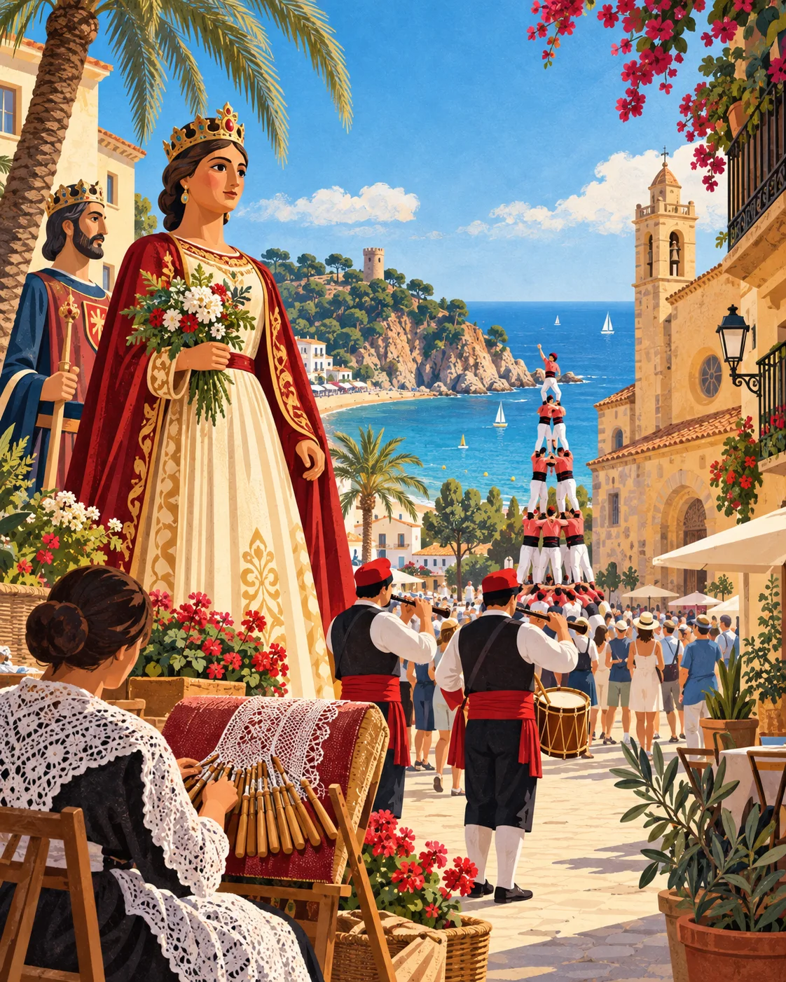Ilustración editorial de cultura popular catalana en una plaza mediterránea