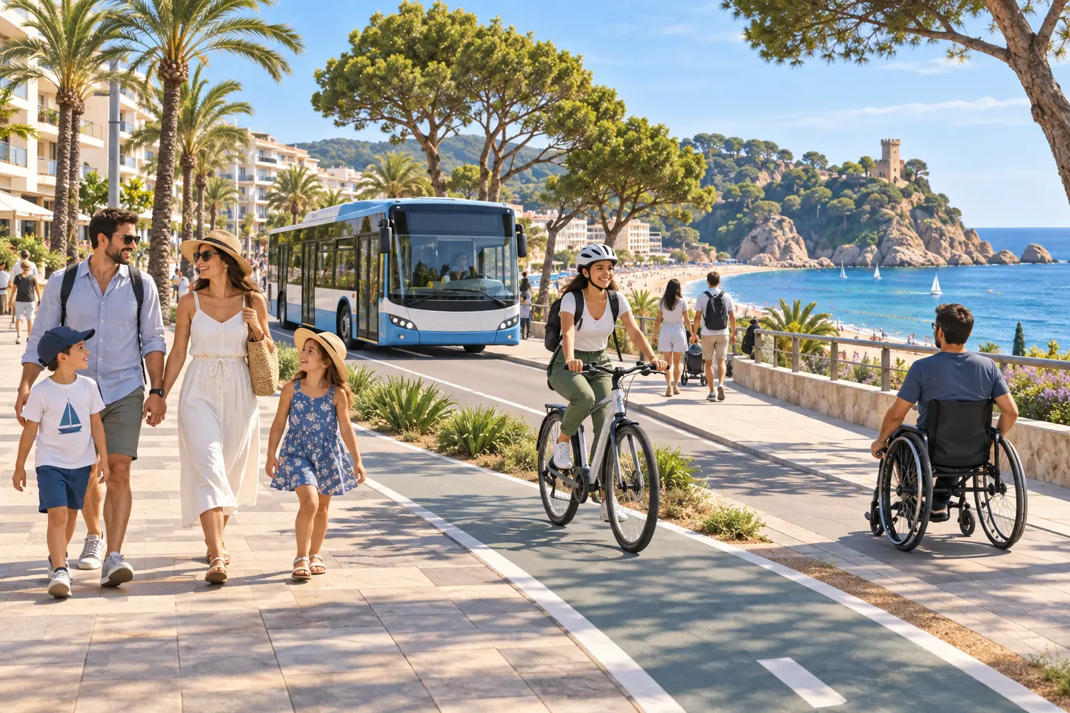 Ilustración de movilidad sostenible con autobús, bicicleta y peatones junto al mar
